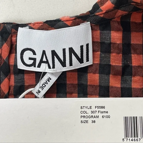 GANNI SEERSUCKER CHECK MINI DRESS FLAME SIZE 38 - Picture 12 of 16